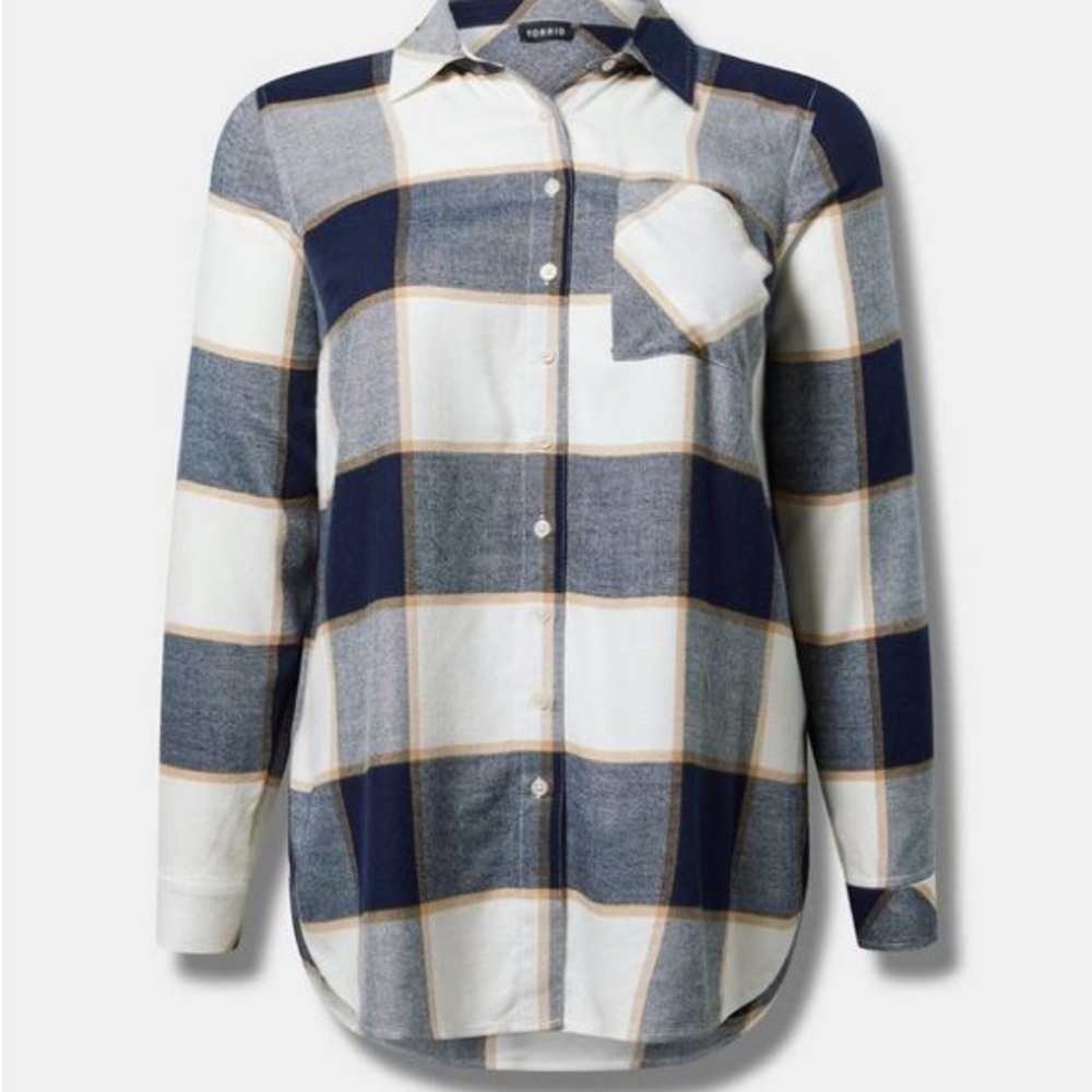 Torrid Navy and Cream Plaid Lizzie Long Sleeve Tunic Shirt